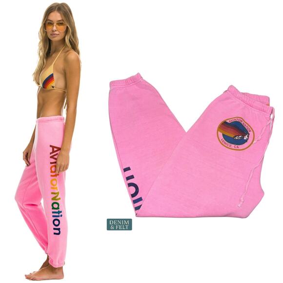 AVIATOR NATION Neon Pink Nashville Sweatpants/ Joggers Rainbow Logo Size L - Picture 1 of 14